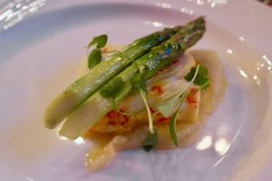 Hertford College Kitchen Saffron & Arbequina Olive Oil Poached Halibut, Asparagus & Jerusalem Artichoke Puree