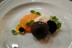 Hertford College Kitchen Baked Chocolate Ganache, Set Vanilla & Citrus Yogurt, Poached Tangerine