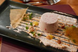 Hertford College Kitchen Hibiscus Parfait, Mango Shard & Candied Cashew